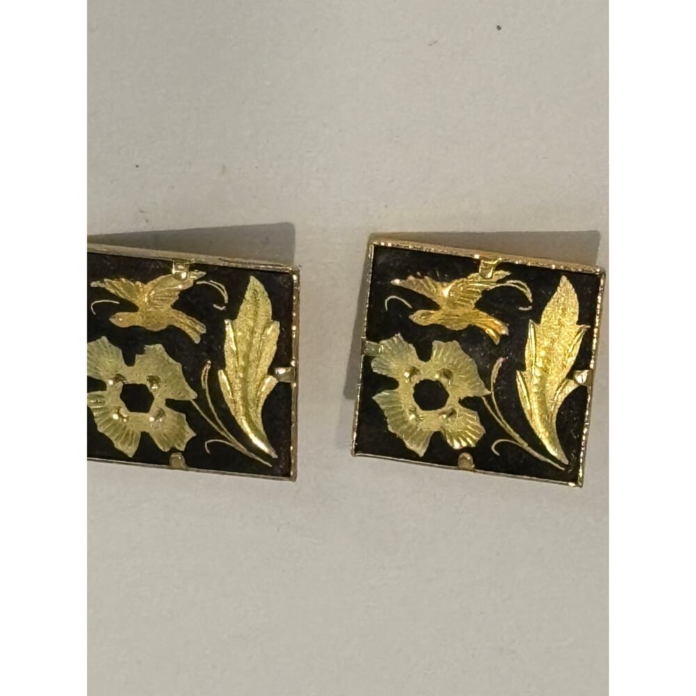 Vintage Damascene Clip On Earrings Gold Tone Flowers Birds
